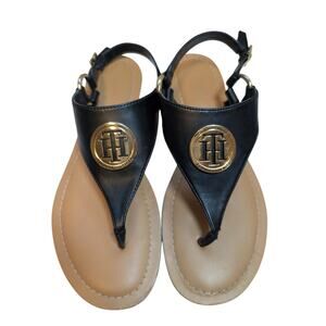 Tommy Hilfiger Women's 8 Leather Sandals Ellyz Thong Medallion Buckle Strap